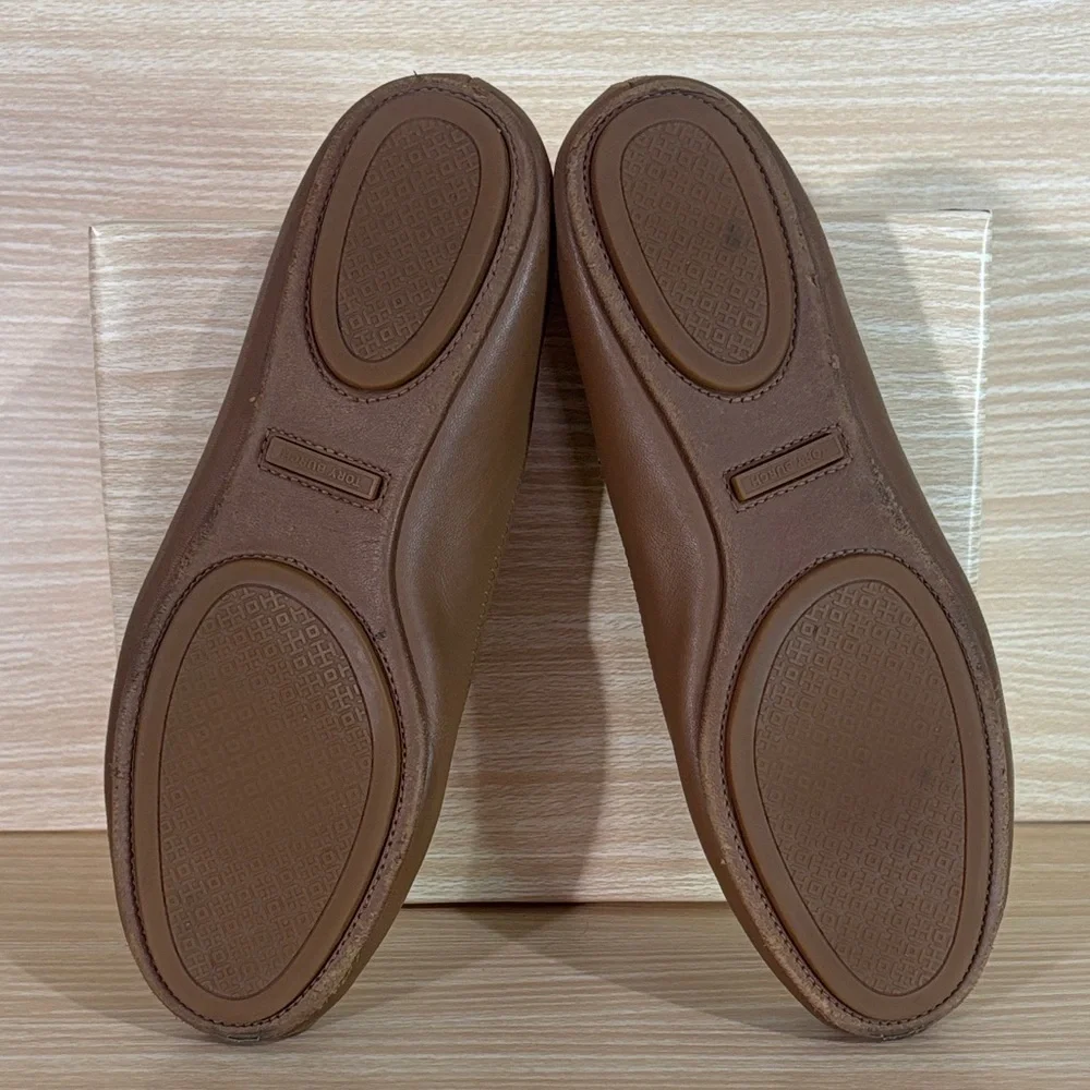 Tory Burch Tan Logo Ballet Flats Leather Round Toe Slip On 7M